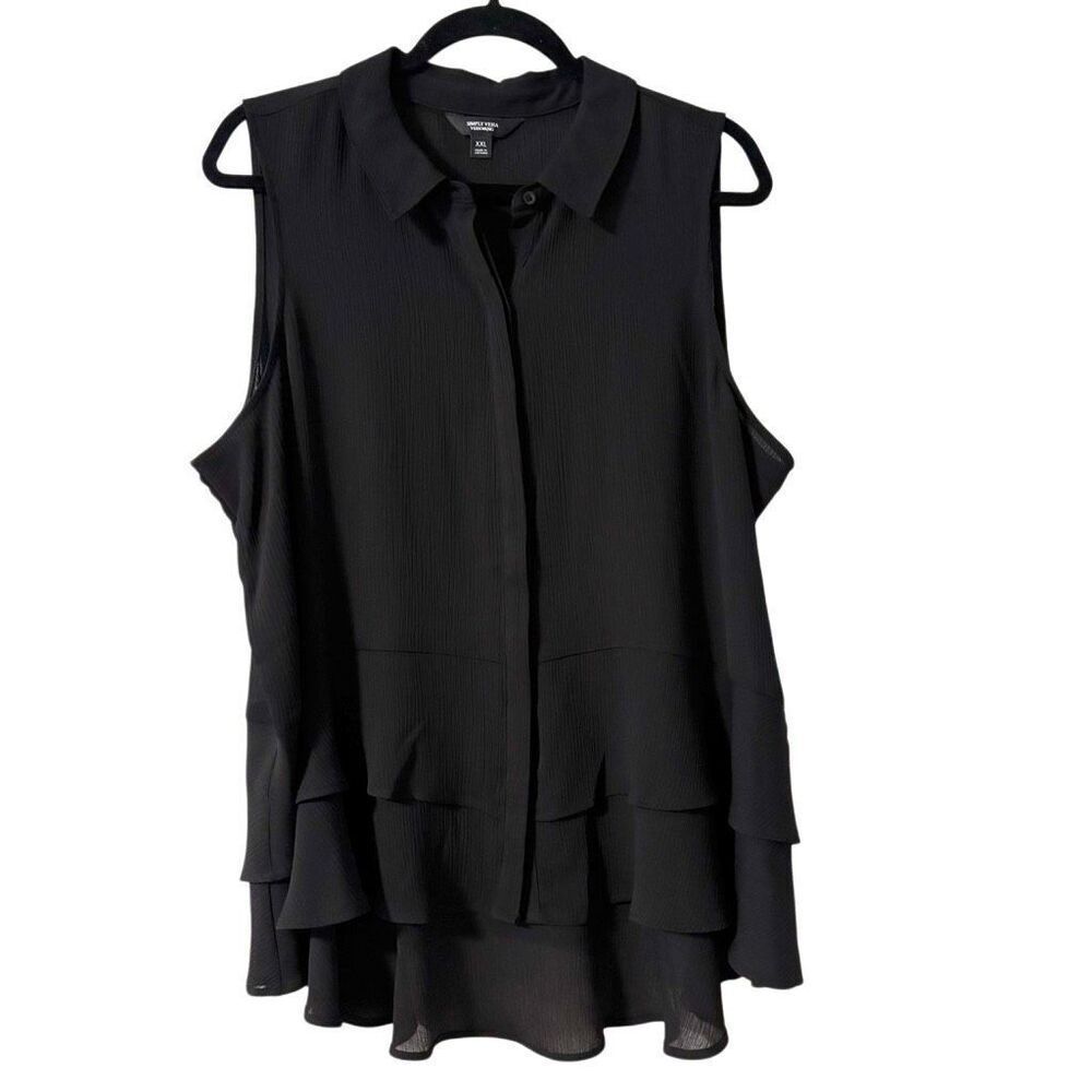 Simply Vera Vera Wang XXL black sleeveless collar hidden button front peplum tie